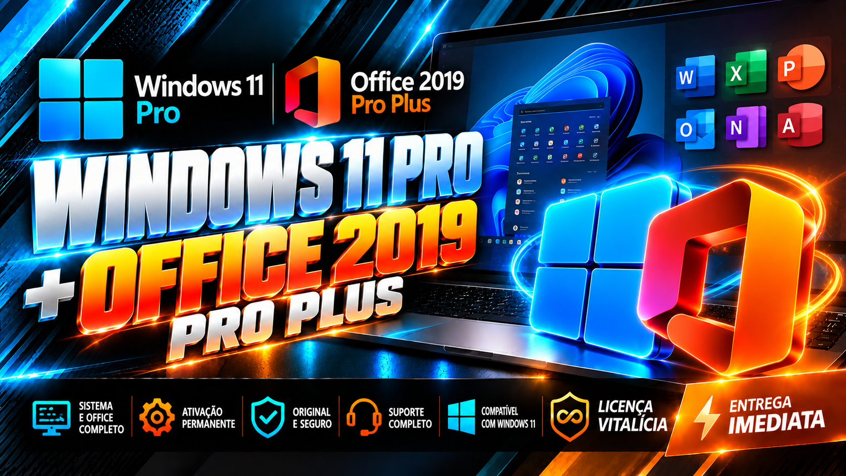 Windows 11 Pro + Office 2019 Pro Plus - Chave Vitalícia (1 PC)