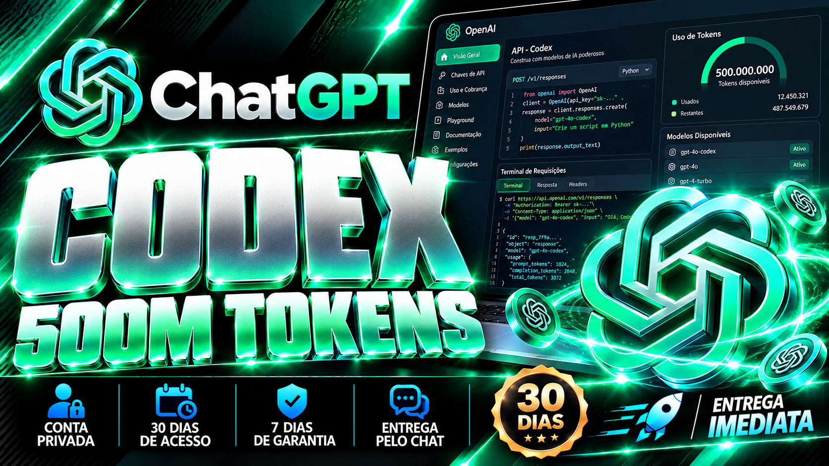 ChatGPT Codex | 500M Tokens | 30 Dias Privado